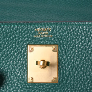 極美品 HERMES エルメス ケリー32 内縫い □Q刻印 トリヨンクレマンス グリーン シルバー金具 ハンドバッグ 2WAY 中古 4a001265