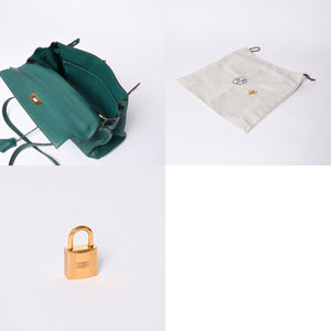 極美品 HERMES エルメス ケリー32 内縫い □Q刻印 トリヨンクレマンス グリーン シルバー金具 ハンドバッグ 2WAY 中古 4a001265