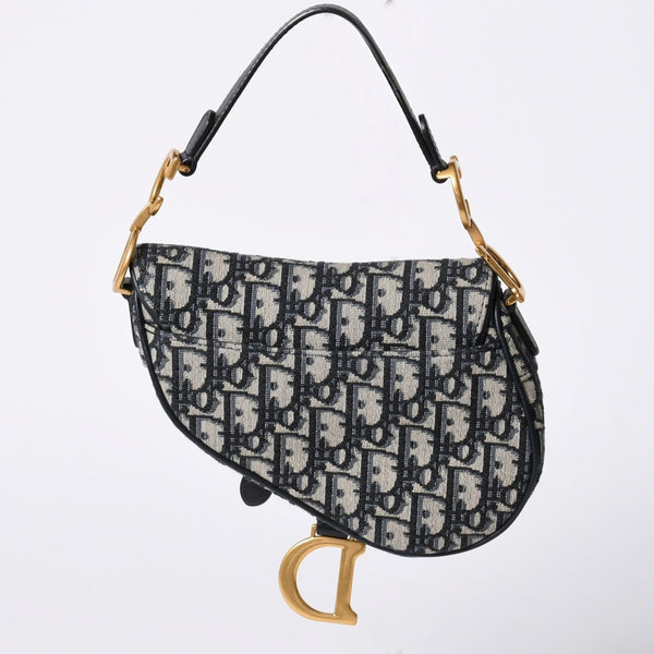 Very Good Condition Christian Dior Saddle Mini Bag Handbag M0456CTZQ Oblique Navy Used 4a000999