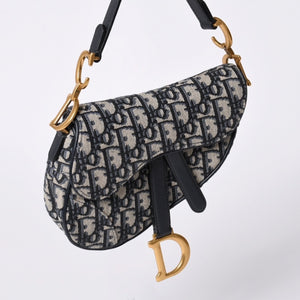 Very Good Condition Christian Dior Saddle Mini Bag Handbag M0456CTZQ Oblique Navy Used 4a000999