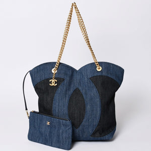 Like new CHANEL Chain tote bag AS3857 Random number here mark denim indigo blue used 4a000988