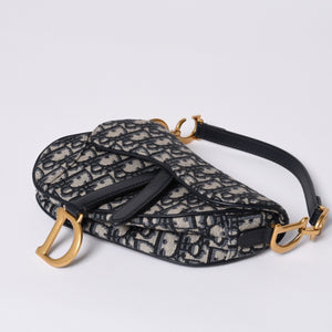 Very Good Condition Christian Dior Saddle Mini Bag Handbag M0456CTZQ Oblique Navy Used 4a000999