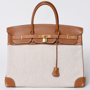 Very Good Condition HERMES Birkin 40 Natural Brown Canvas x Couchevel 40cm 〇Y Engraved Gold Hardware Handbag Used 4a001013