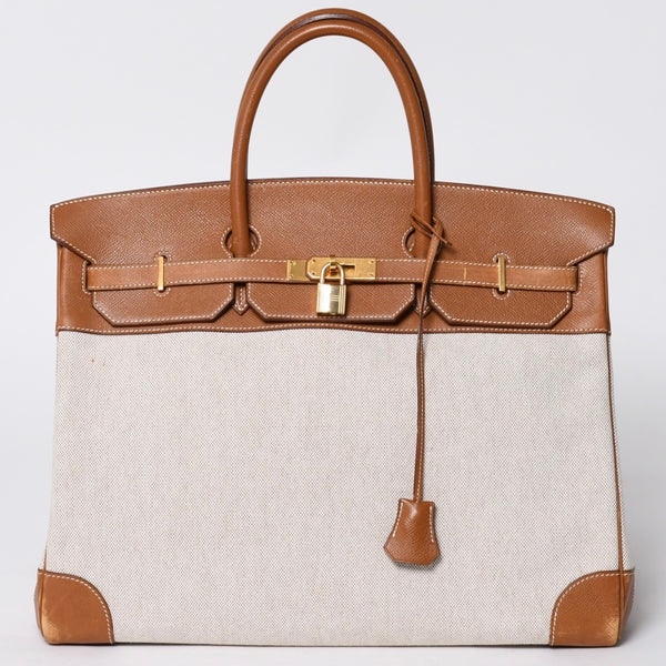 Very Good Condition HERMES Birkin 40 Natural Brown Canvas x Couchevel 40cm 〇Y Engraved Gold Hardware Handbag Used 4a001013