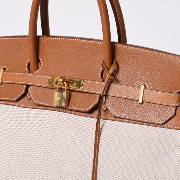 Very Good Condition HERMES Birkin 40 Natural Brown Canvas x Couchevel 40cm 〇Y Engraved Gold Hardware Handbag Used 4a001013