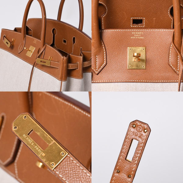Very Good Condition HERMES Birkin 40 Natural Brown Canvas x Couchevel 40cm 〇Y Engraved Gold Hardware Handbag Used 4a001013