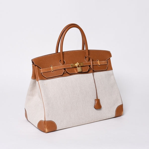 Very Good Condition HERMES Birkin 40 Natural Brown Canvas x Couchevel 40cm 〇Y Engraved Gold Hardware Handbag Used 4a001013