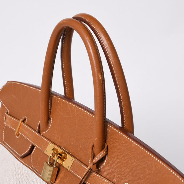 Very Good Condition HERMES Birkin 40 Natural Brown Canvas x Couchevel 40cm 〇Y Engraved Gold Hardware Handbag Used 4a001013