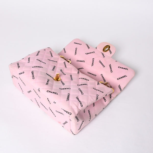 CHANEL Deca Matelasse 34 S Flap W Chain Shoulder Bag Coco Mark Canvas Pink Gold Hardware Good Used 4a001016