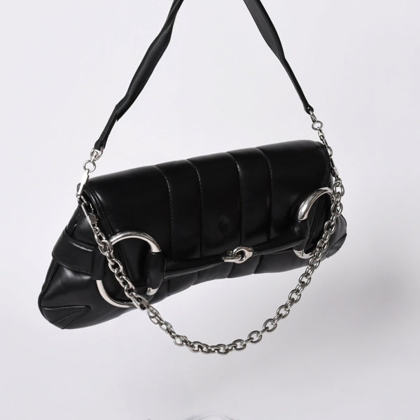 極美品 GUCCI グッチ ショルダーバッグ クラッチバッグ 764255 ホースビットチェーン レザー ブラック 中古 4a000813