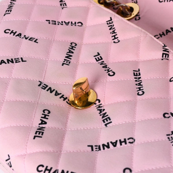 CHANEL Deca Matelasse 34 S Flap W Chain Shoulder Bag Coco Mark Canvas Pink Gold Hardware Good Used 4a001016