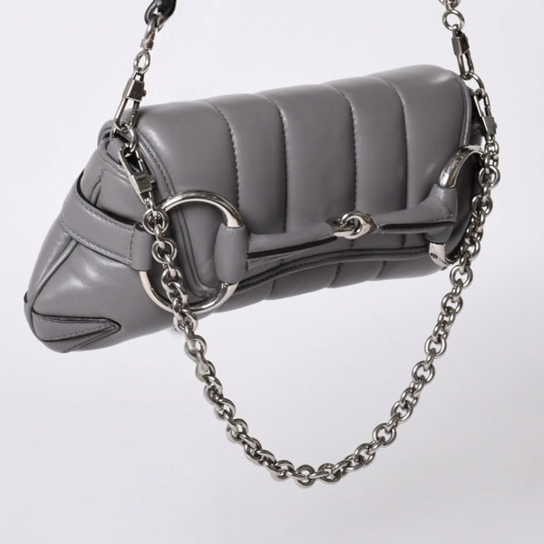 Very Good Condition GUCCI Gucci Horsebit 2way Shoulder Bag 764339 Leather Gray Silver Hardware Used 4b013020
