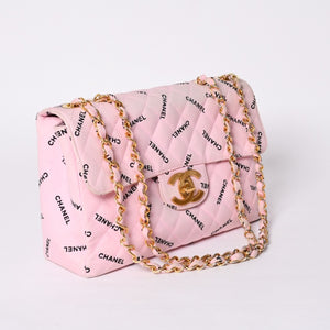 CHANEL Deca Matelasse 34 S Flap W Chain Shoulder Bag Coco Mark Canvas Pink Gold Hardware Good Used 4a001016