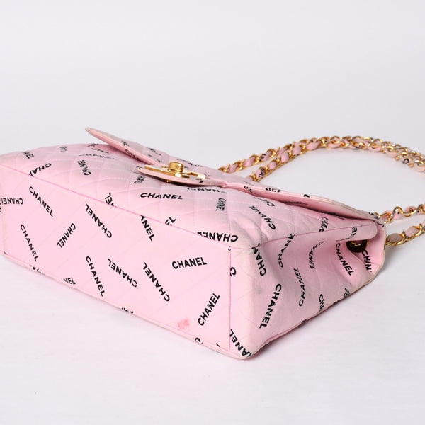 CHANEL Deca Matelasse 34 S Flap W Chain Shoulder Bag Coco Mark Canvas Pink Gold Hardware Good Used 4a001016