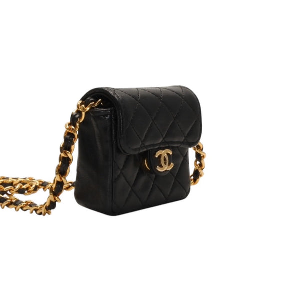 Very Good Condition CHANEL Micromatelasse Chain Shoulder Bag No. 1 Coco Mark Lambskin Black Gold Hardware Used 4a000935