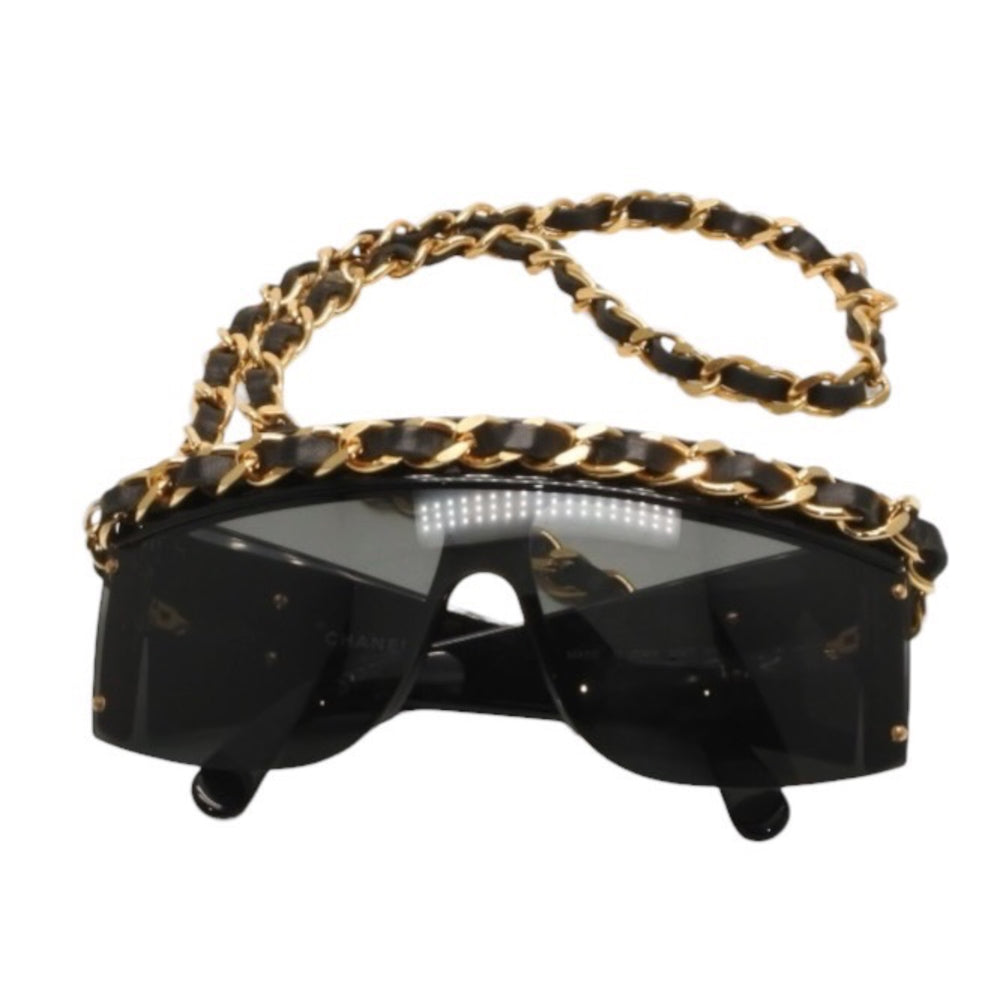 CHANEL Chain Sunglasses Eyewear 0027 901 Coco Mark Black Gold Vintage Good Condition Used 4a000944