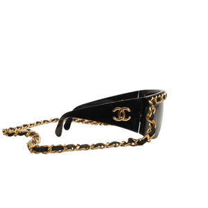 CHANEL Chain Sunglasses Eyewear 0027 901 Coco Mark Black Gold Vintage Good Condition Used 4a000944