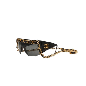 CHANEL Chain Sunglasses Eyewear 0027 901 Coco Mark Black Gold Vintage Good Condition Used 4a000944