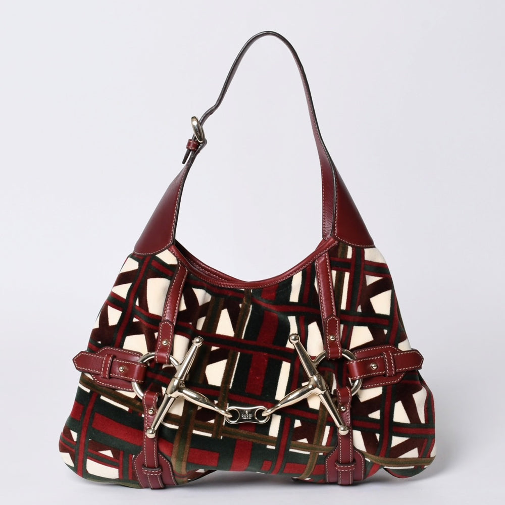 極美品 GUCCI グッチ 85周年記念 ホースビット ホーボー ワンショルダーバッグ 163804 2123 レッド マルチカラー ベロア レザー シルバー金具 中古 4a001095