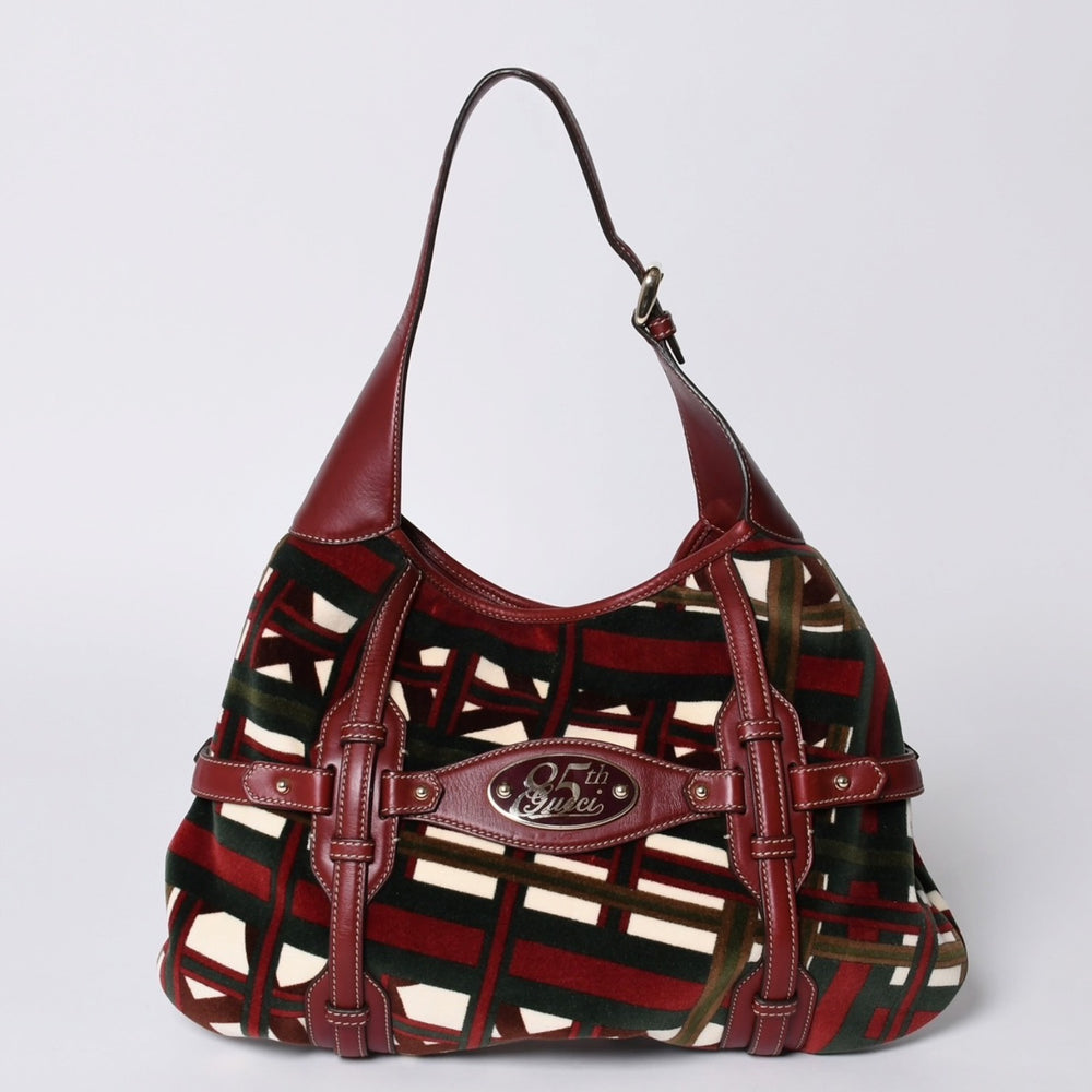 極美品 GUCCI グッチ 85周年記念 ホースビット ホーボー ワンショルダーバッグ 163804 2123 レッド マルチカラー ベロア レザー シルバー金具 中古 4a001095