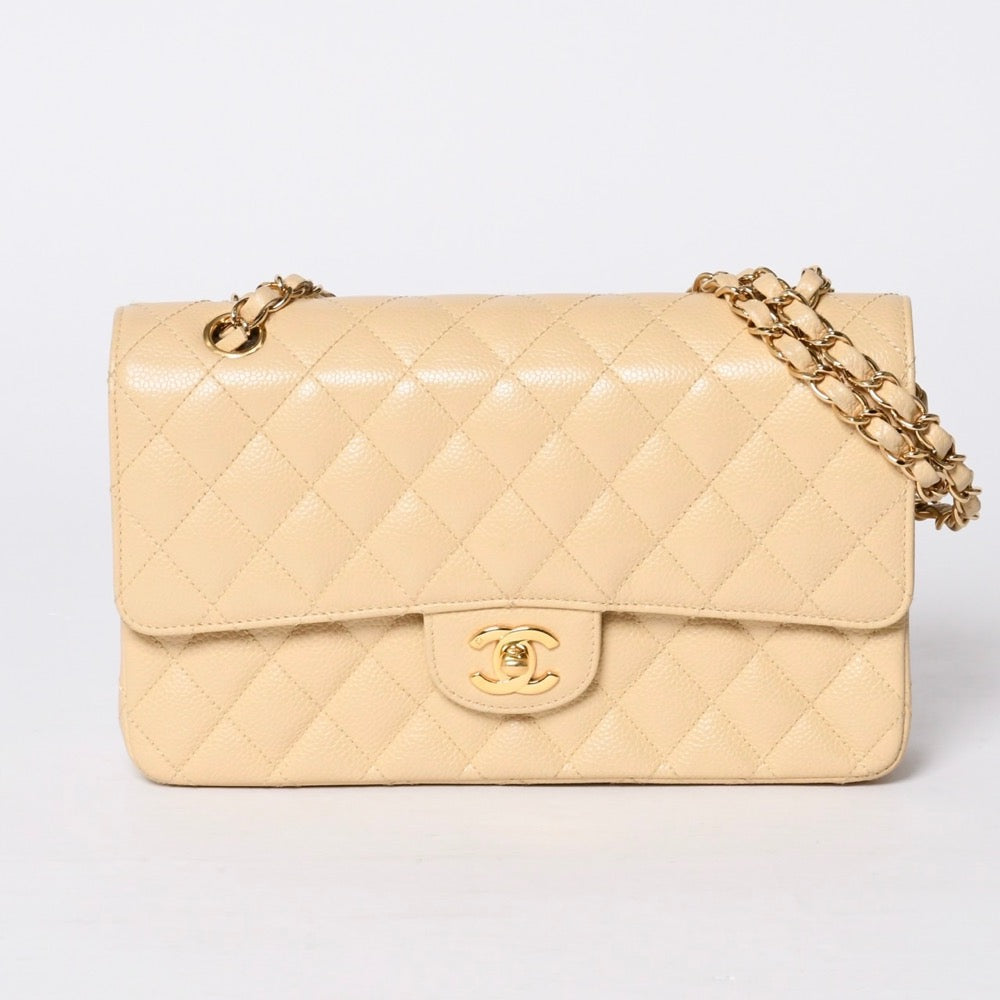 極美品 CHANEL シャネル マトラッセ25 Wフラップ Wチェーンショルダーバッグ 9番台 キャビアスキン ベージュ ゴールド金具 中古 4a001062