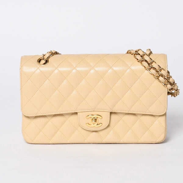 極美品 CHANEL シャネル マトラッセ25 Wフラップ Wチェーンショルダーバッグ 9番台 キャビアスキン ベージュ ゴールド金具 中古 4a001062