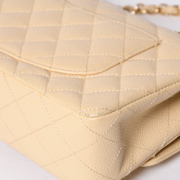 極美品 CHANEL シャネル マトラッセ25 Wフラップ Wチェーンショルダーバッグ 9番台 キャビアスキン ベージュ ゴールド金具 中古 4a001062