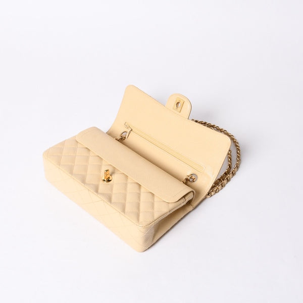 極美品 CHANEL シャネル マトラッセ25 Wフラップ Wチェーンショルダーバッグ 9番台 キャビアスキン ベージュ ゴールド金具 中古 4a001062