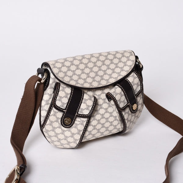 CELINE Vintage Macadam PVC x Leather Shoulder Bag Ivory Brown Good Condition Used 4a000422