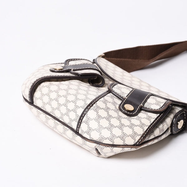 CELINE Vintage Macadam PVC x Leather Shoulder Bag Ivory Brown Good Condition Used 4a000422