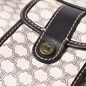 CELINE Vintage Macadam PVC x Leather Shoulder Bag Ivory Brown Good Condition Used 4a000422