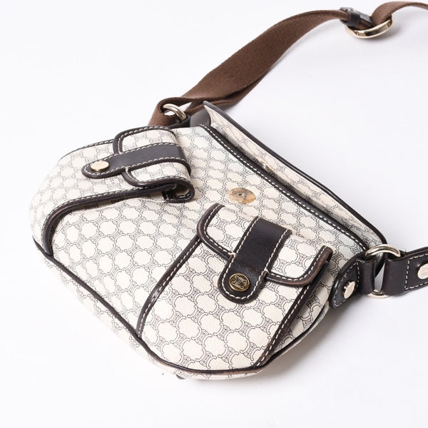CELINE Vintage Macadam PVC x Leather Shoulder Bag Ivory Brown Good Condition Used 4a000422