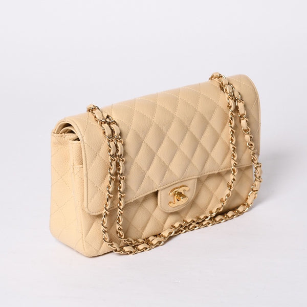 極美品 CHANEL シャネル マトラッセ25 Wフラップ Wチェーンショルダーバッグ 9番台 キャビアスキン ベージュ ゴールド金具 中古 4a001062