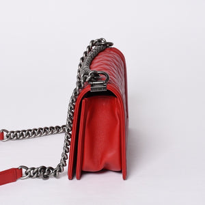 極美品 CHANEL シャネル ボーイシャネル ショルダーバッグ ラムスキン 20番台 レッド シルバー金具 中古 4a000911
