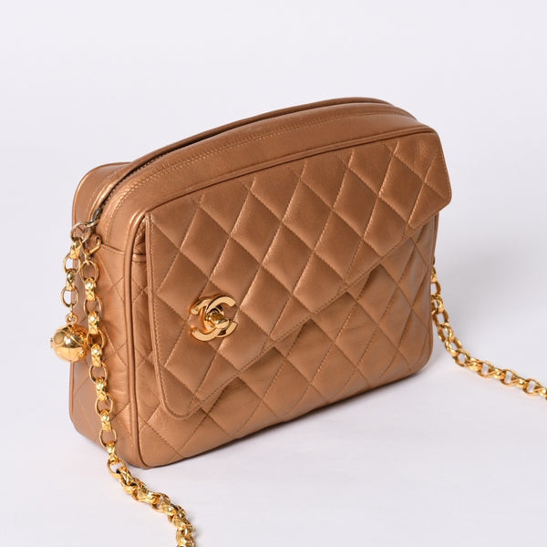 Very Good Condition CHANEL Chain Shoulder Bag No. 2 Coco Mark Coco Ball Lambskin Quilted Bronze Gold Hardware Used 4a000914