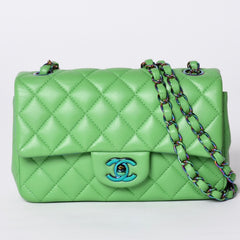 Very Good Condition CHANEL Mini Matelasse 20 S Flap S Chain Shoulder Bag No. 31 Coco Mark Lambskin Green Used 4a001225