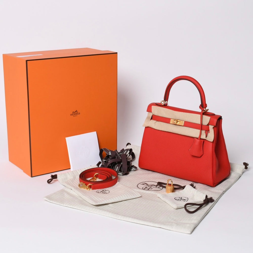 New and unused HERMES KELLY 25 2WAY handbag inner stitching Togo Rouge Decou Gold hardware K stamp 4a001085