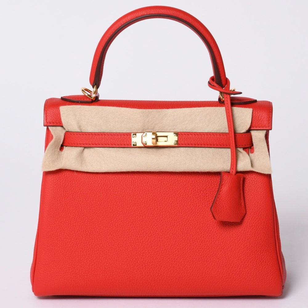 New and unused HERMES KELLY 25 2WAY handbag inner stitching Togo Rouge Decou Gold hardware K stamp 4a001085