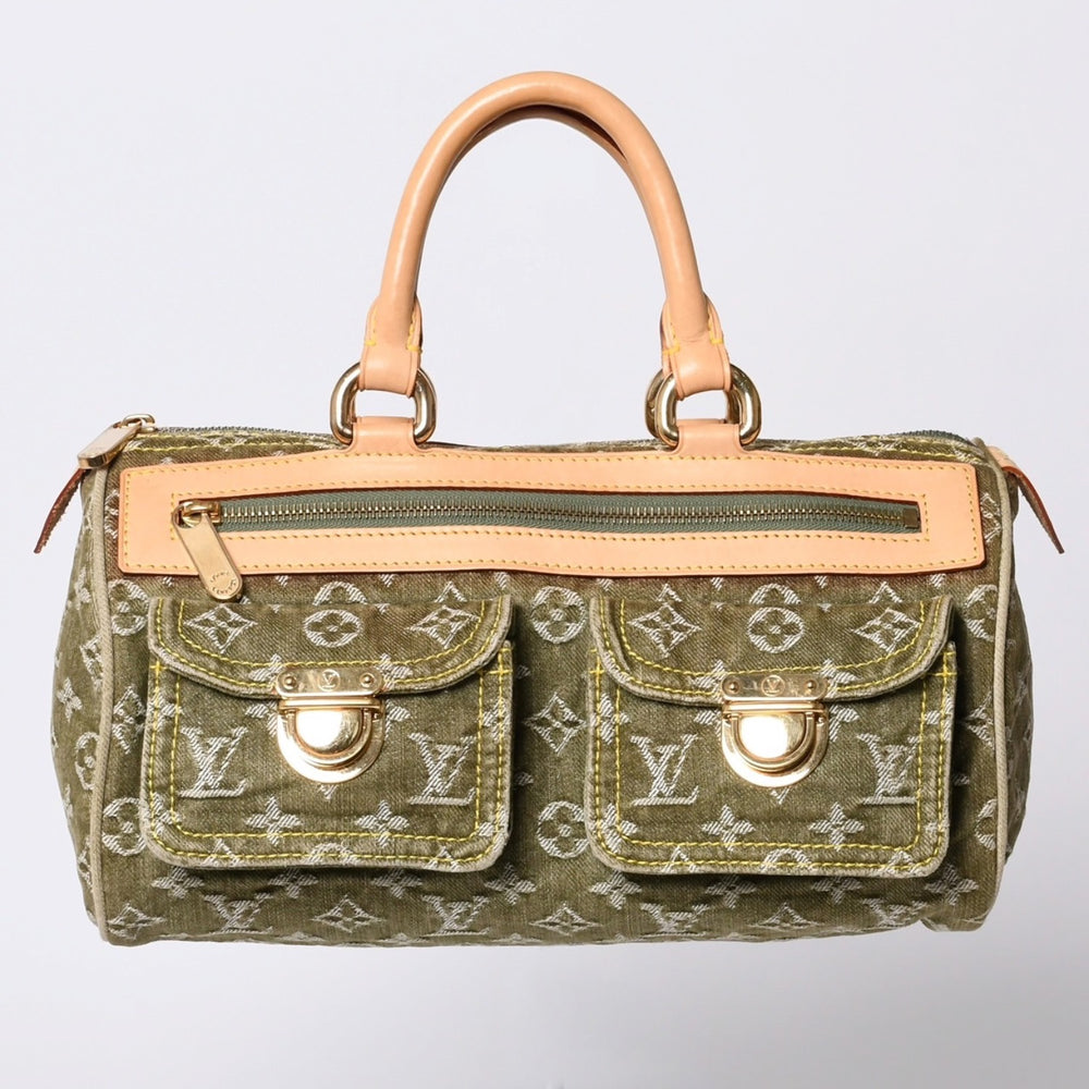 極美品 LOUIS VUITTON ルイヴィトン ハンドバッグ デニム ネオスピーディ M95215 モノグラムデニム カーキ ゴールド金具 中古 4b010132