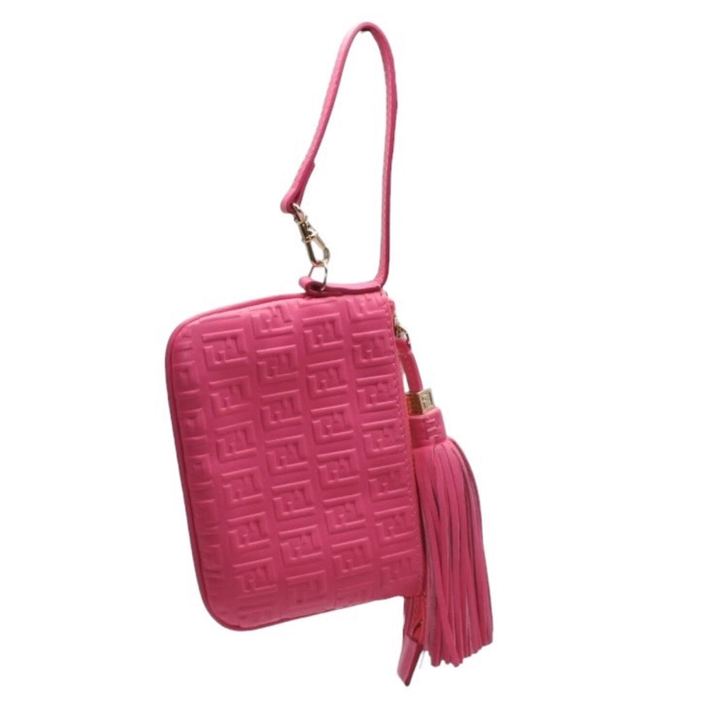 極美品 FENDI フェンディ フリンジポーチ ミニ 8M0244 2220-BRF-108 ピンク ゴールド金具 レザー 中古 4a001112