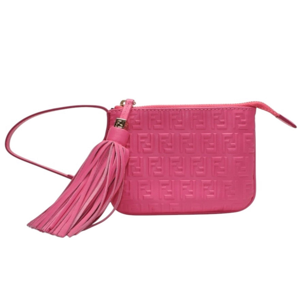極美品 FENDI フェンディ フリンジポーチ ミニ 8M0244 2220-BRF-108 ピンク ゴールド金具 レザー 中古 4a001112