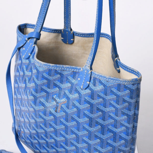 GOYARD ゴヤール サンルイ ジュニア トートバッグ ライトブルー レザー ヘリンボーン ブルー 良品 中古 4a001078