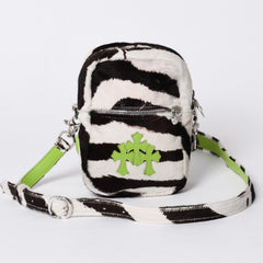 極美品 CHROME HEARTS クロムハーツ TAKA MINI ショルダーバッグ セメタリー クロスパッチ ハラコ ゼブラ グリーン 中古 4a001431