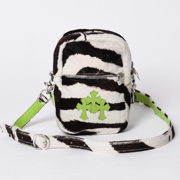極美品 CHROME HEARTS クロムハーツ TAKA MINI ショルダーバッグ セメタリー クロスパッチ ハラコ ゼブラ グリーン 中古 4a001431