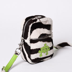極美品 CHROME HEARTS クロムハーツ TAKA MINI ショルダーバッグ セメタリー クロスパッチ ハラコ ゼブラ グリーン 中古 4a001431