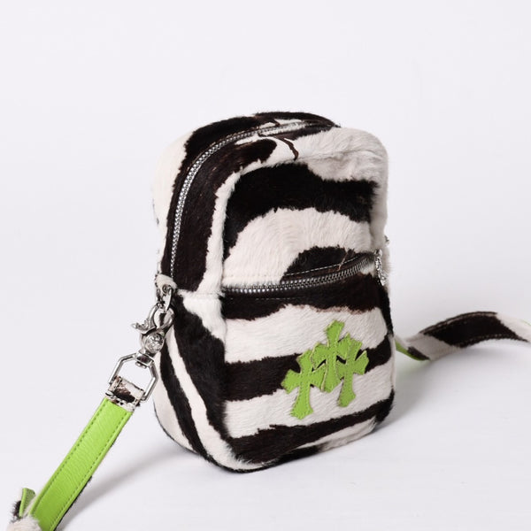 極美品 CHROME HEARTS クロムハーツ TAKA MINI ショルダーバッグ セメタリー クロスパッチ ハラコ ゼブラ グリーン 中古 4a001431