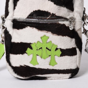 極美品 CHROME HEARTS クロムハーツ TAKA MINI ショルダーバッグ セメタリー クロスパッチ ハラコ ゼブラ グリーン 中古 4a001431