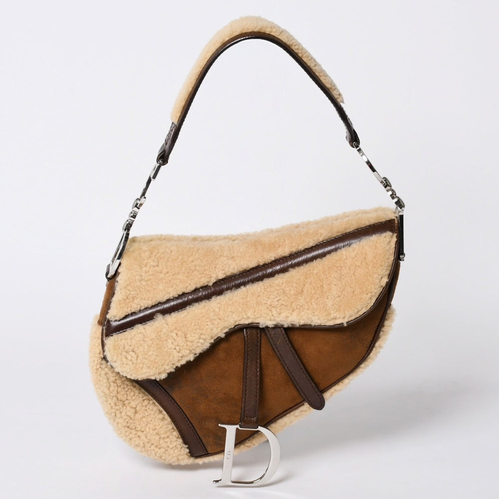 Very Good Condition Christian Dior Saddle Bag One Shoulder Bag 01-RU-0075 Lamb Shearling Mouton Leather Used 4a001157