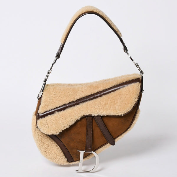 極美品 Christian Dior クリスチャンディオール サドルバッグ ワンショルダーバッグ 01-RU-0075 ラムシアリング ムートン レザー 中古 4a001157
