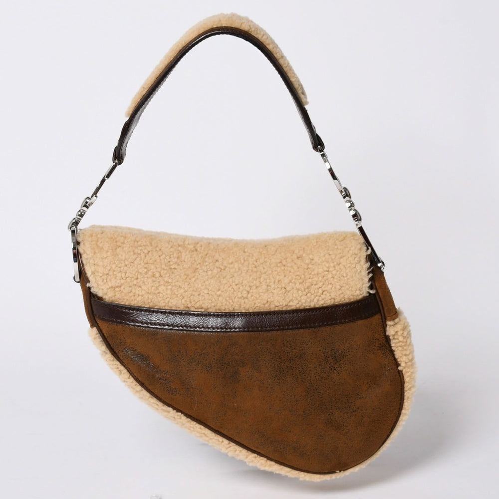 Very Good Condition Christian Dior Saddle Bag One Shoulder Bag 01-RU-0075 Lamb Shearling Mouton Leather Used 4a001157